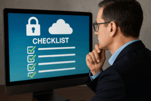 Gestor avaliando um checklist digital em tela, com ícones de cadeado e nuvem em destaque